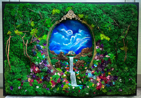 unique moss art, mystical 3D scene, fairy art with moss